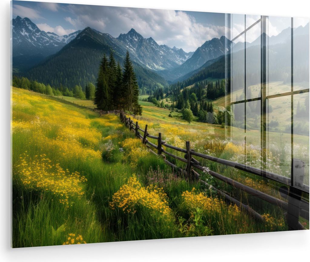 MuchoWow Glasbilder - Bilder auf Wandbild - Foto auf Glas Feld - Zaun - Berge - Blumen 30x20 cm Wanddekoration aus Glas - Acrylglasbild - Acrylbild...