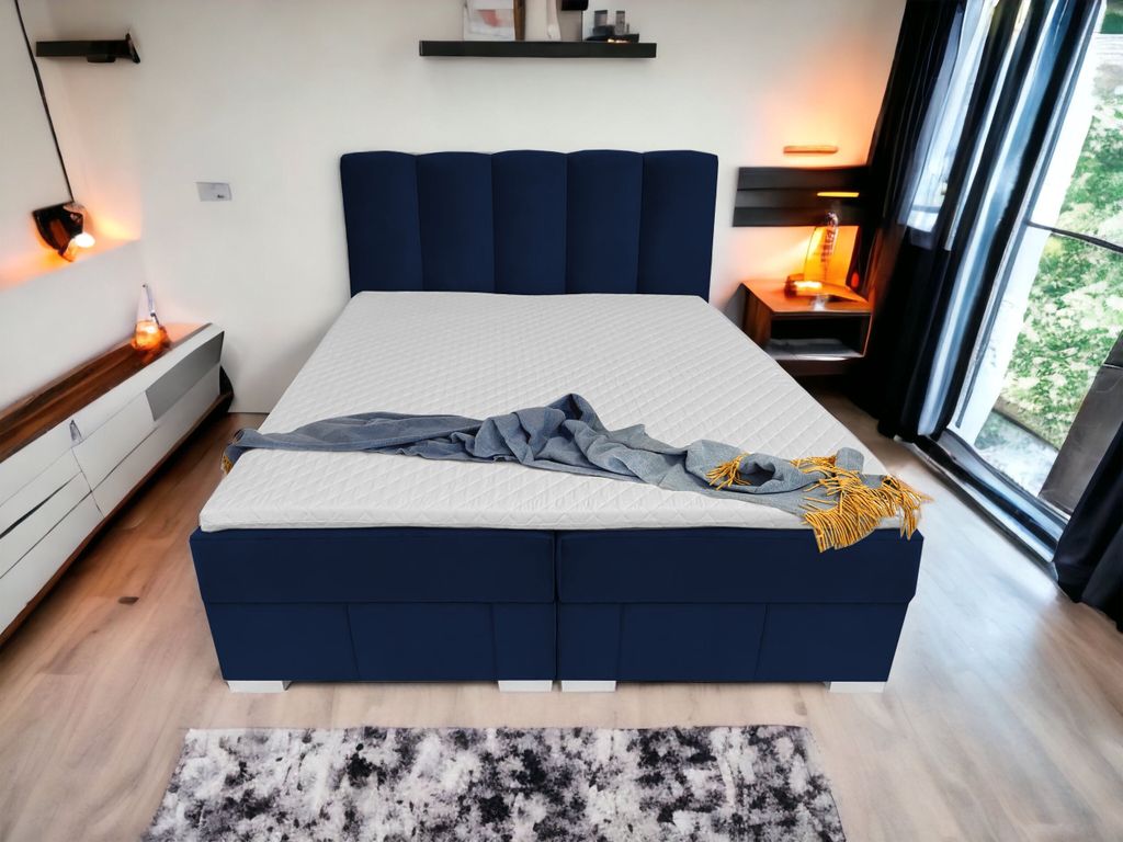 Boxspringbett OSLO 180 cm x 200 cm AMOR VELVET 13 Dunkelblau Bett mit zwei Bettkästen und H2 Matratze,Komplett-Set mit Matratze und Topper, Doppel...