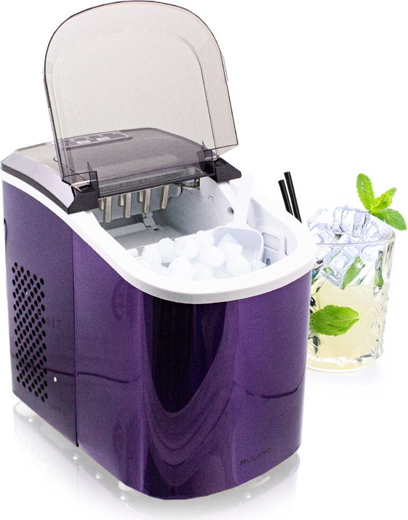 A purple ice maker with its lid open, showing ice cubes inside. A glass of iced drink with mint is next to it.