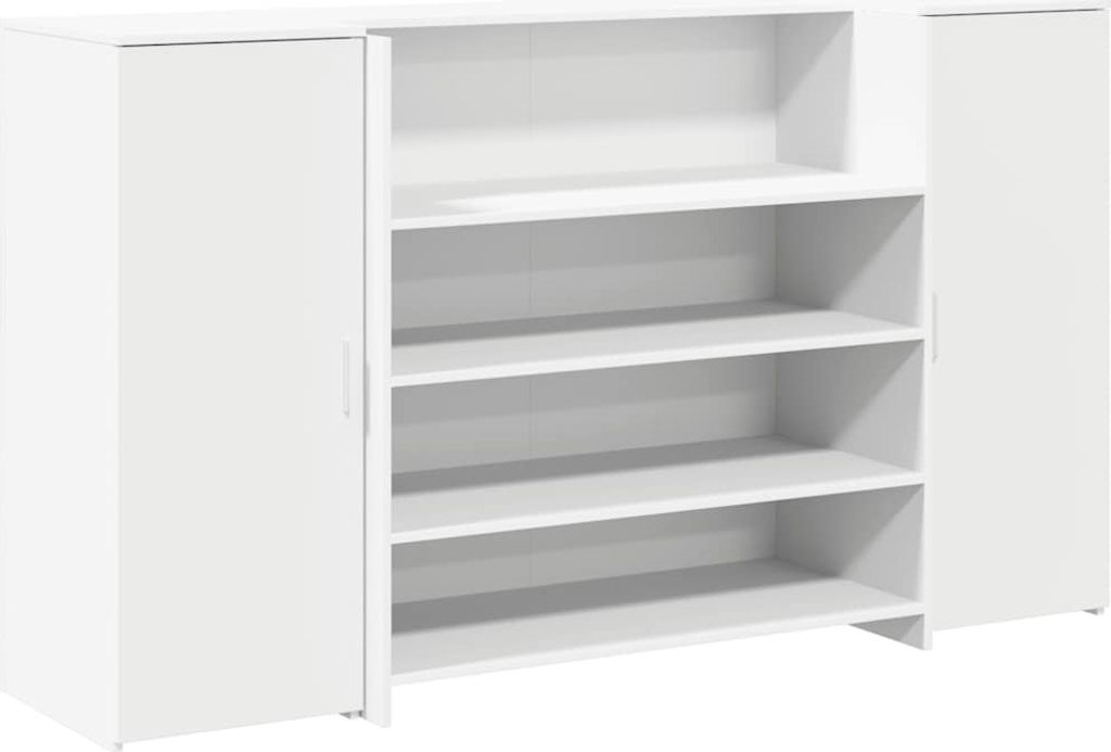 A white cabinet with multiple shelves and two doors.