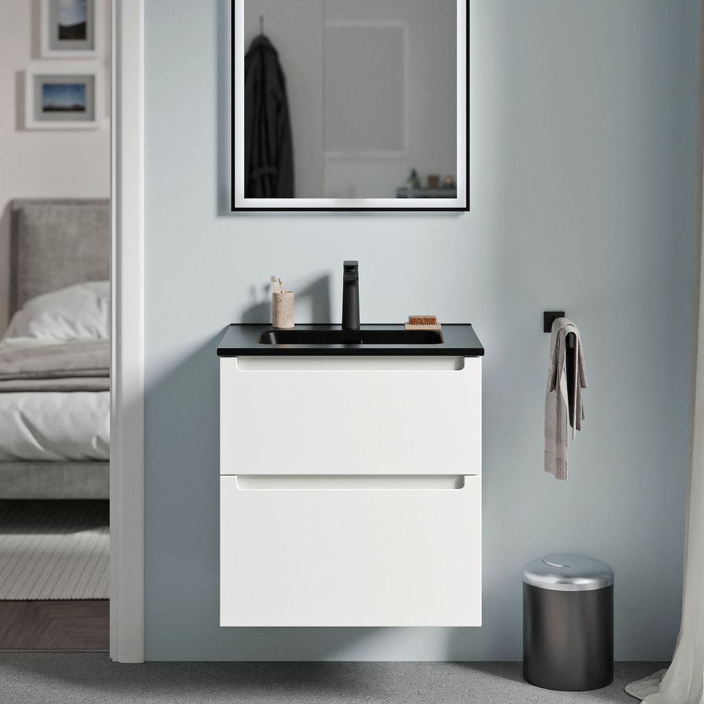 Waschtischunterschrank VIREO 60 cm mit Waschbecken schwarz - Farbe wählbar, Farbe Badmöbel:Weiß matt