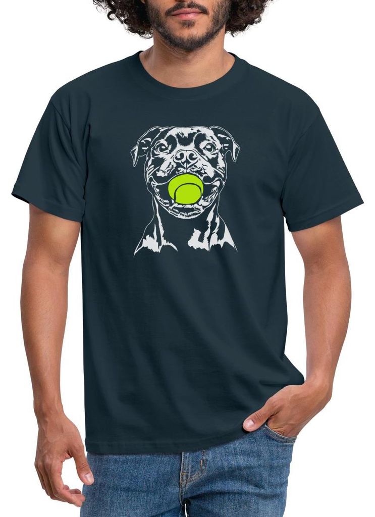 Spreadshirt Stafford Bull Terrier Mit Tennisball Männer T-Shirt, M, Navy