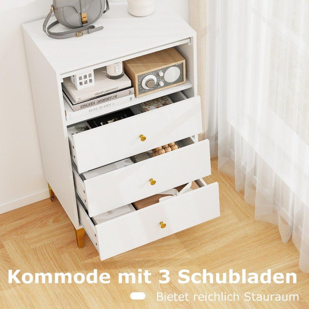 Aufbewahrungsschrank mit 3 Schubladen, Glas-Klapptür, Weiß