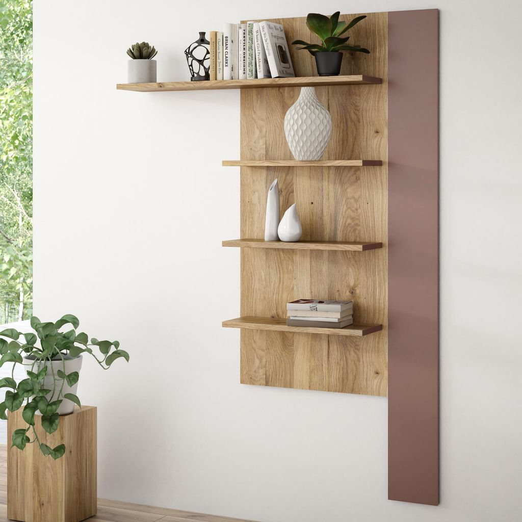 Forte BREATHTAKER Wandregal 130 140, moderner Skandi-Stil, Wandpaneel mit 4 Regalböden, Holzwerkstoff, Terrakotta/Mauvella Eiche Holzdekor, 132,5 ...