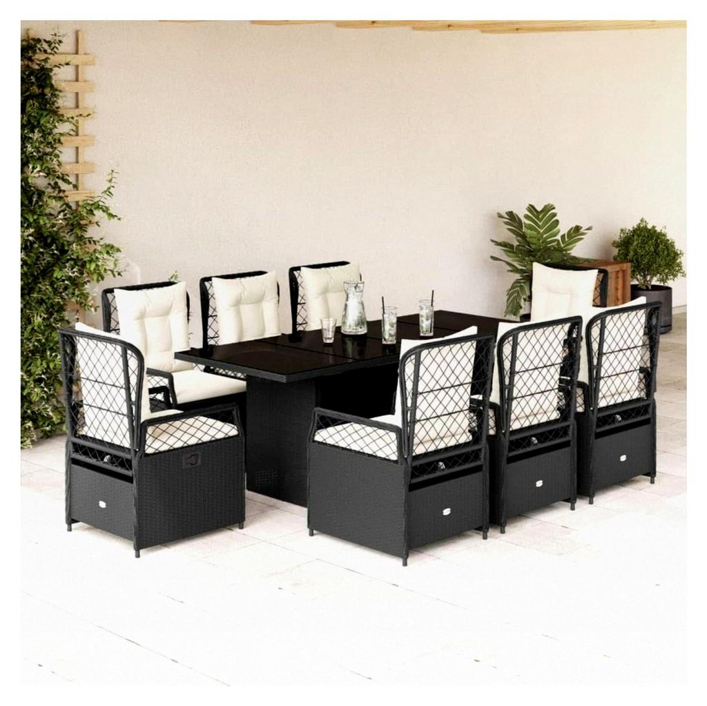 Gartenmöbel Set mit 8 verstellbaren Hochlehner-Stühlen und Tisch für 8 Personen, Polyrattan, Gartengarnitur mit Kissen, Schwarz, 9-teilig