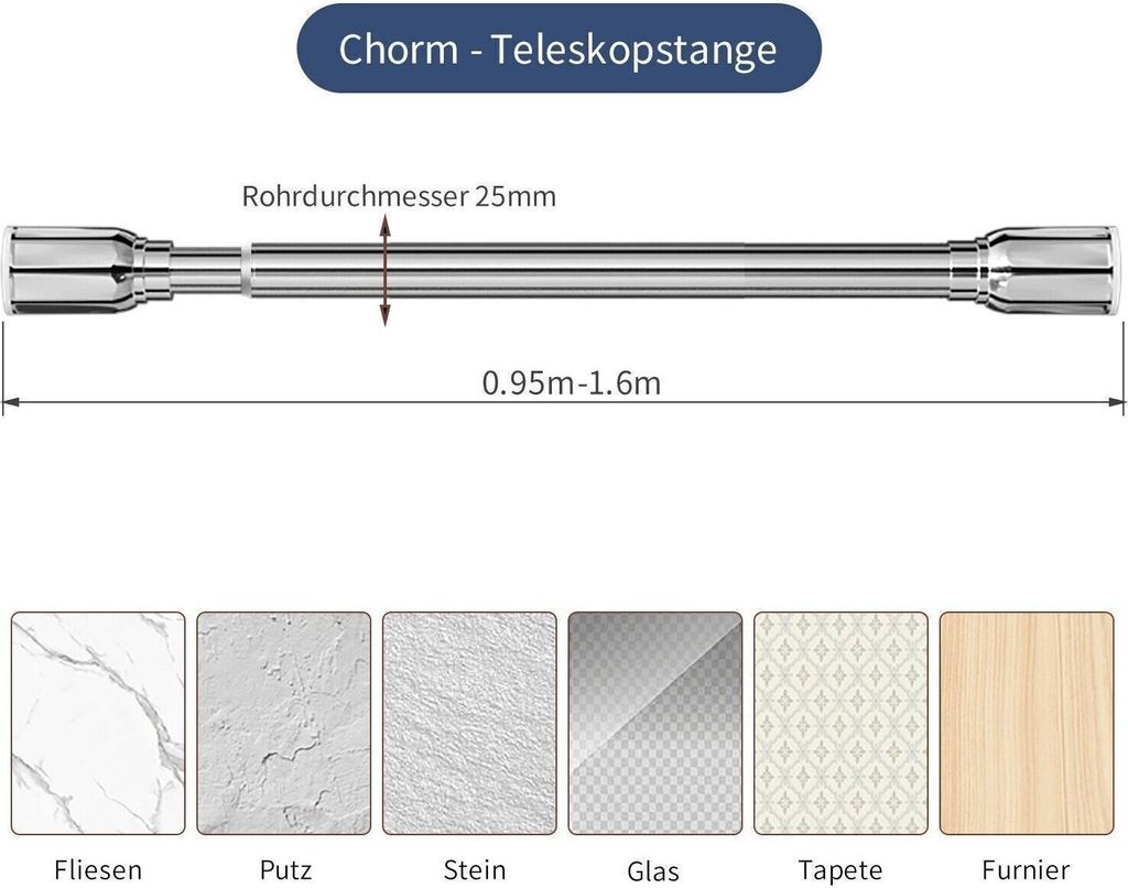 Duschvorhangstange Teleskop Klemm Kleider Vorhang Stange Duschvorhang Ständer Chrom 95-160cm
