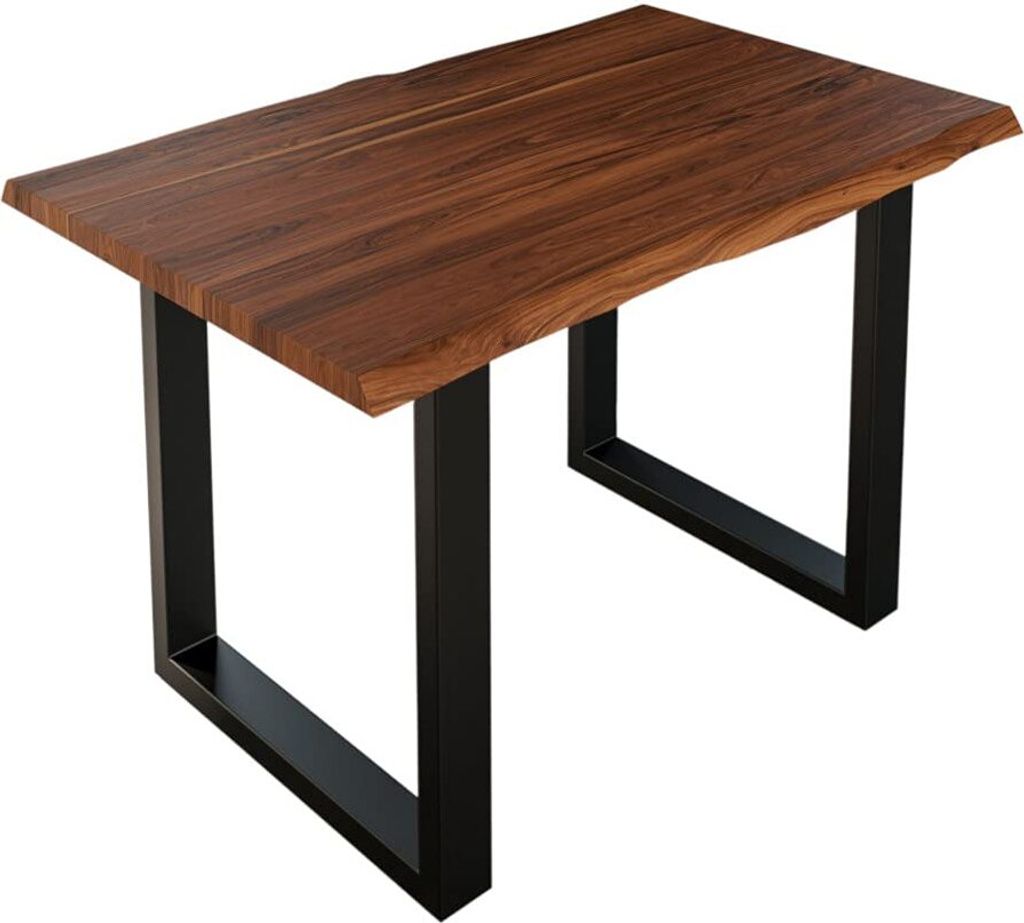 Esszimmertisch 140x80 cm Lauren, Baumkantentisch aus Akazienholz, massiv + nougatfarben, U-Metallgestell Schwarz, Esstisch mit echter Baumkante