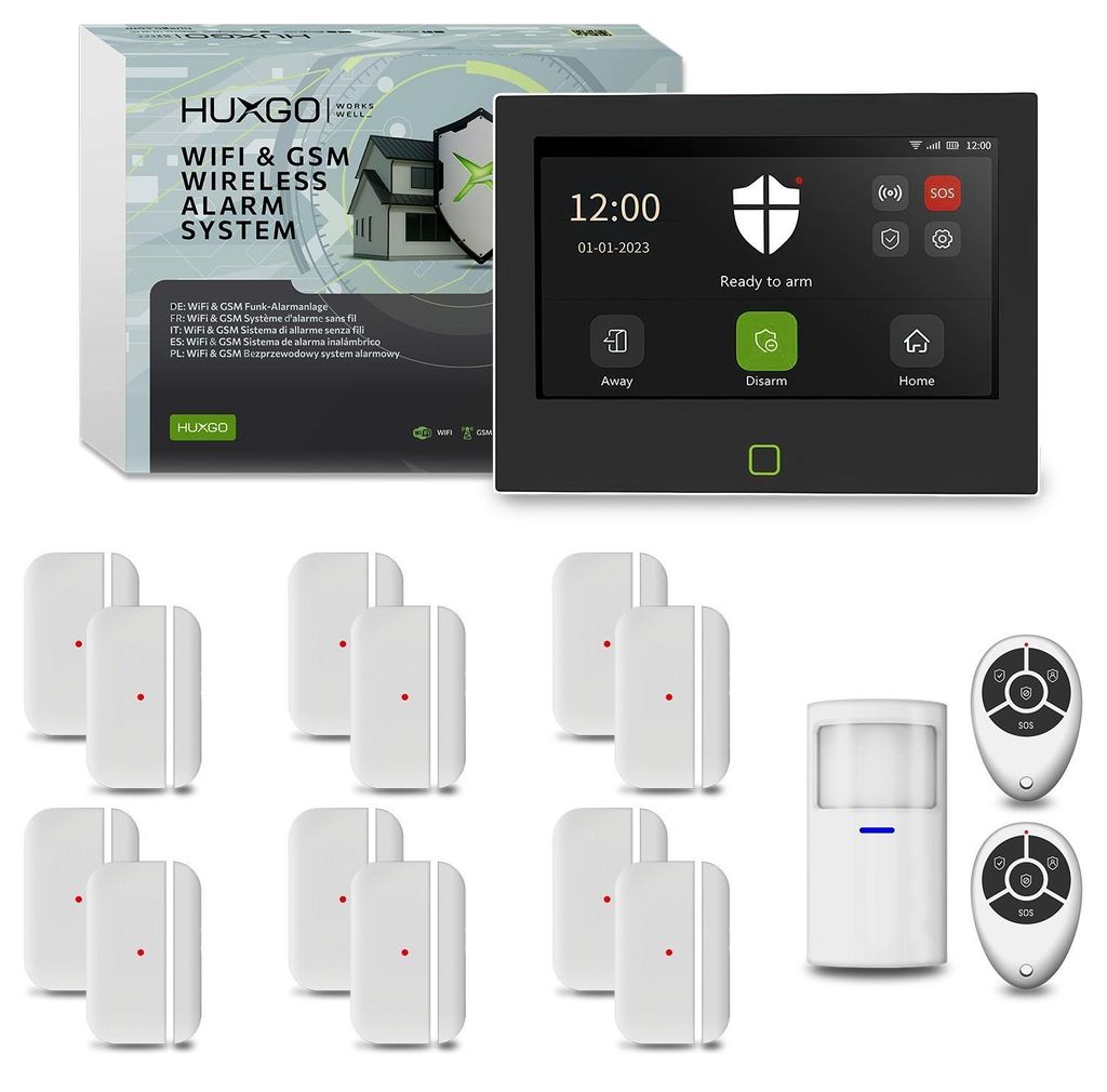 HUXGO Alarmanlage WLAN GSM 4G HXA700 7" 1 PIR + 12 Türsensor App Steuerung