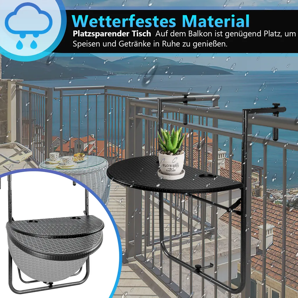 Table suspendue de balcon pliante et réglable avec supports verres - 4