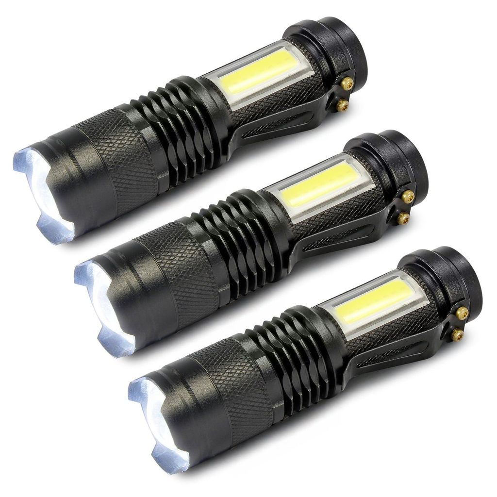 Mini LED-Taschenlampen Glow-Max 3er-Set, mit 2 Lichtquellen, XPE mit Zoom und COB-Seitenlicht, 3 Lichtmodi, wiederaufladbarer Akku, USB