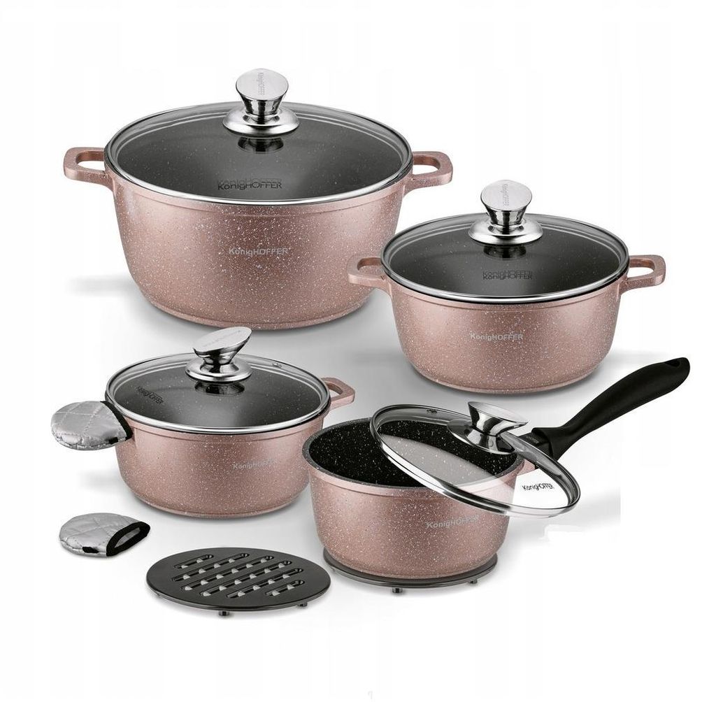 A set of rose gold cookware with glass lids is displayed on a white background.