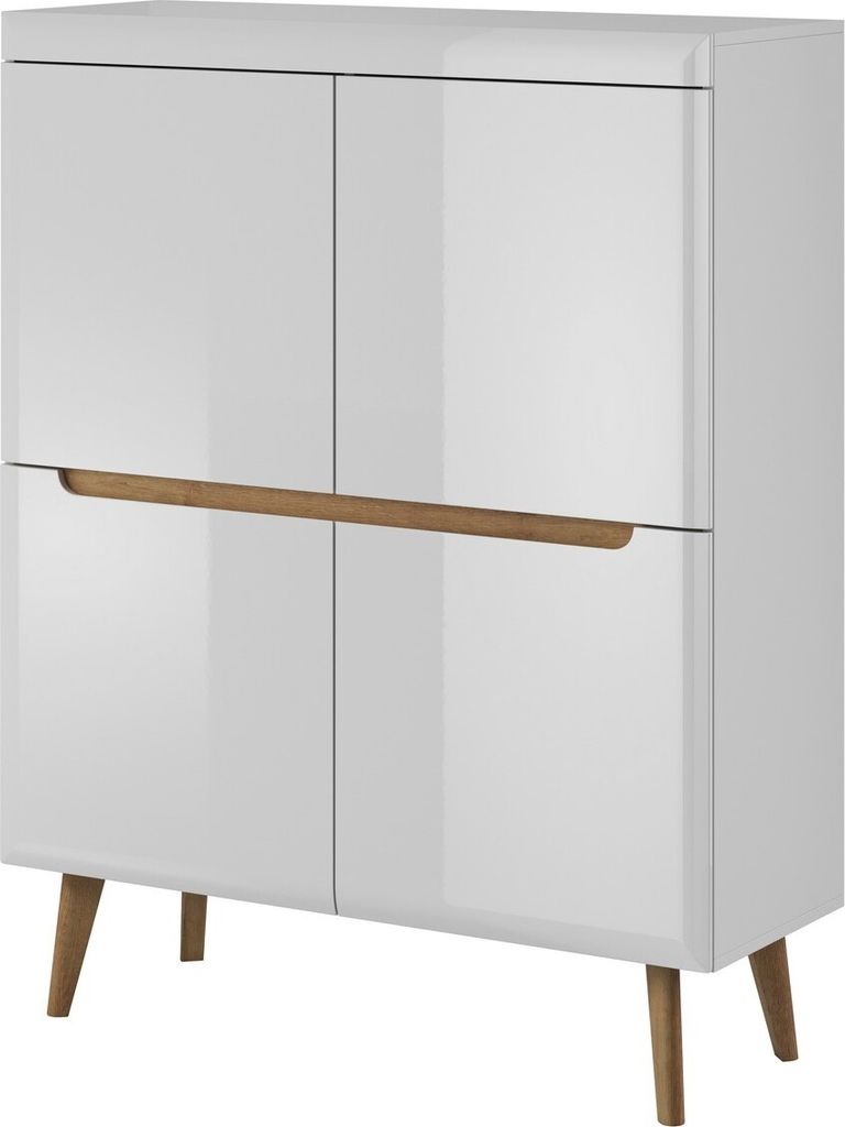 Furniture24 Kommode mit türen NORDI Schrank Hochschrank Skandinavische Stil Weiß/Weiß Hochglanz