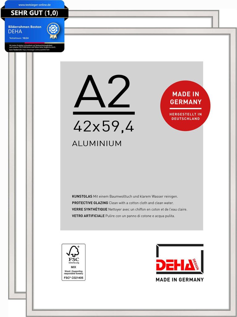 DEHA Design Bilderrahmen Boston (2er Set), A2 42x59,4 cm, Aluminium Silber