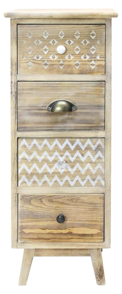 Vintage Holz Nachttisch, Kleine Kommode mit 4 Schubladen, Hellbraun Weiß Antiquarisch, Leinen Verstauraum - Größe: 81,5 × 30 × 30 cm (H×B×T)