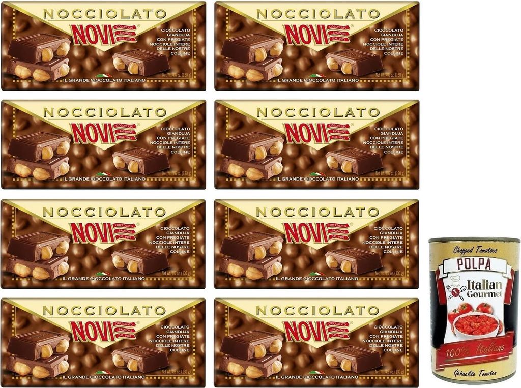 8x Novi Nocciolato Gianduia con Nocciole Intere,Tafel Gianduia-Schokolade mit ganzen Haselnüssen 130g + Italian Gourmet Polpa di Pomodoro 400g Dose