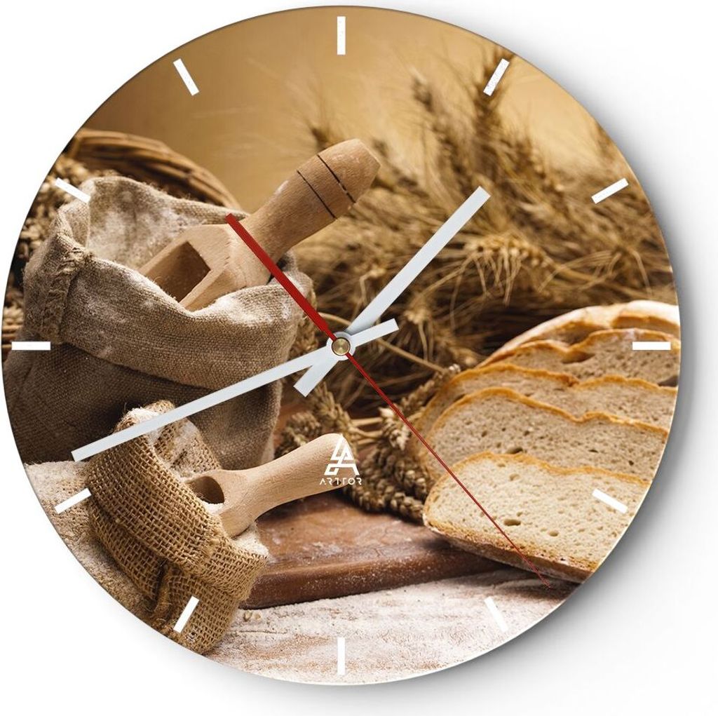 Wanduhr - Rund - Glasuhr - Brot Essen Holz - 40x40cm - Schleichendes Uhrwerk - Lautlos - zum Aufhängen bereit - Dekoration Modern - Wanddekoration...