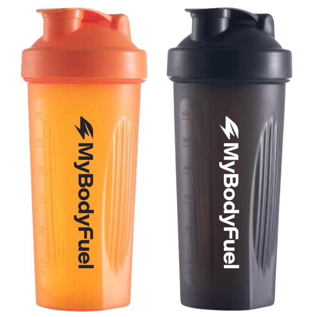 MyBodyFuel Shake Becher (2er Set) – Protein Shaker mit Mixfilter, 700 ml, BPA-frei – Für Smoothies & Proteinshakes (Orange/Schwarz)