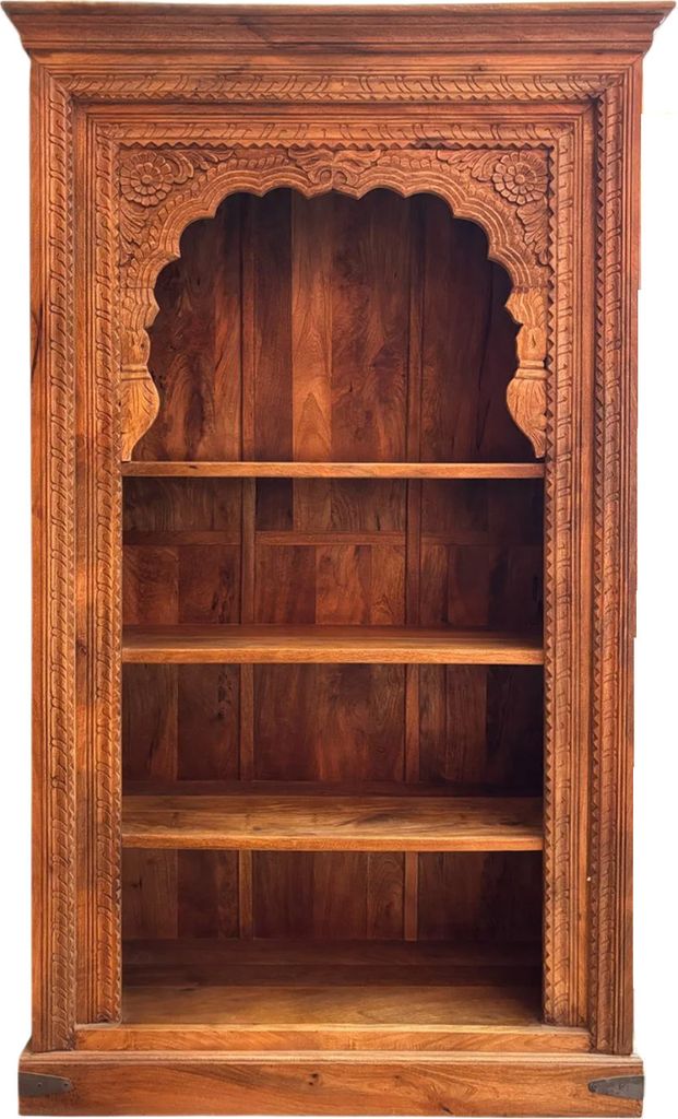 Handgeschnitztes Regal aus Teak Massivholz – 160 cm, Vintage Braun | Standregal für Wohnzimmer, Diele & Schlafzimmer | Offenes Bücherregal, Rau...