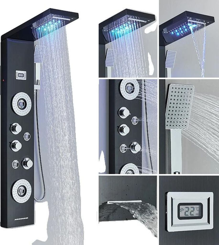 Duschpaneel, LED-Display, Wandmontage, 8029 Schwarz