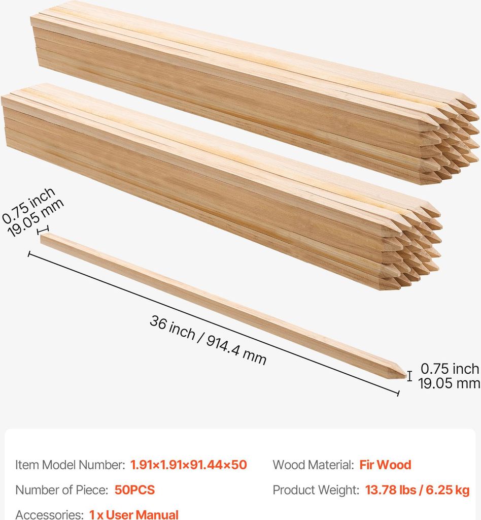 SucceBuy Holzpfähle, 50 Stück 19,05 x 19,05 x 914,4 mm, Holzpflöcke mit angespitztem Ende, Zaunpfosten aus Tannenholz, ideal für Schlammzäune,...