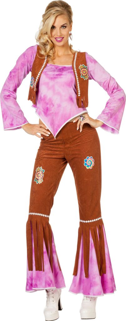 Hippy Hose und Oberteil braun lila Flower Power Damen-Kostüm Größe: 38