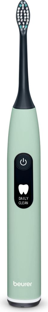 A product shot of a green electric toothbrush against a white background.