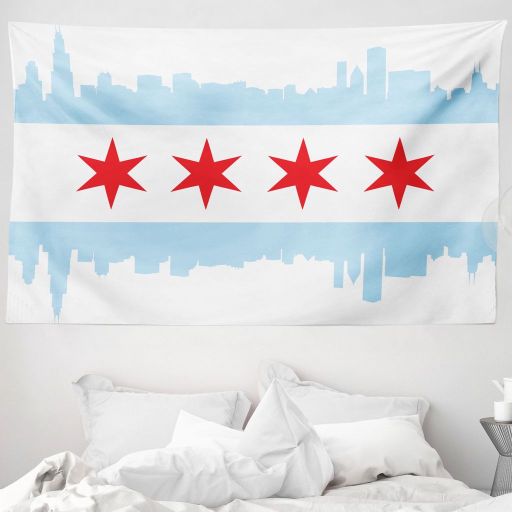 ABAKUHAUS Chicago Skyline Wandteppich, Gebäude Flagge aus Weiches Mikrofaser Stoff Waschbar ohne Verblassen Digitaldruck, 230 x 140 cm, Rot Weiß ...