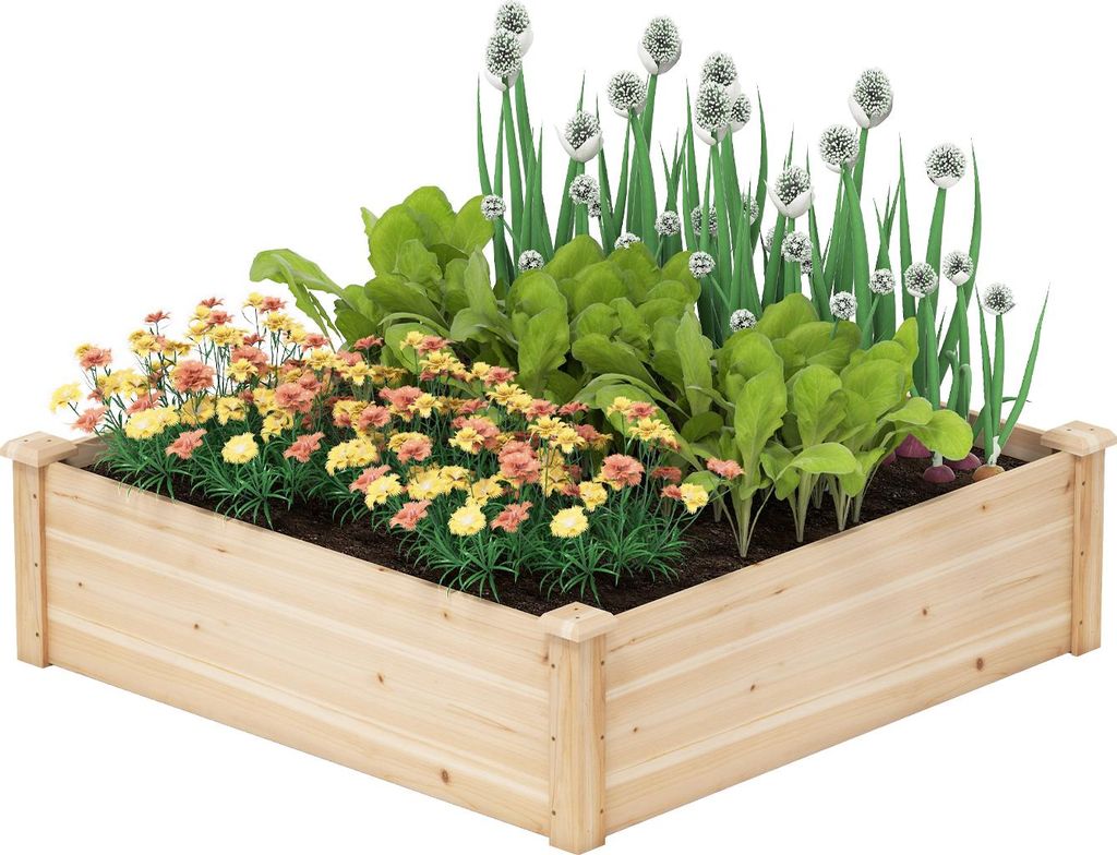 COSTWAY Blumenkasten Hochbeet Holz, Pflanzkasten quadratisch, Gartenbeet mit offenem Boden, Pflanzbeet, Kräuterbeet Tannenholz, 102x102x30 cm, Natur