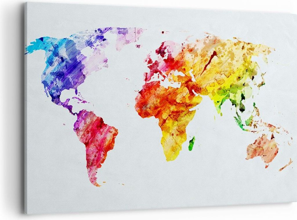 Bild auf Leinwand - Leinwandbild - Welt Karte Bunt Kontinente - 100x70cm - Wand Bild - Wanddeko - Leinwanddruck - Bilder - Kunstdruck - Wanddekorat...