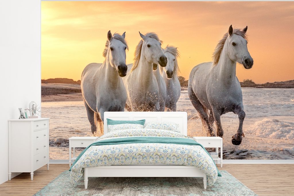 MuchoWow Fototapete für Wohnzimmer oder Schlafzimmer Wandtapete Vinyl Motivtapete Pferde - Sonne - Meer - Strand - Tiere - 400x300 cm - Papierta...