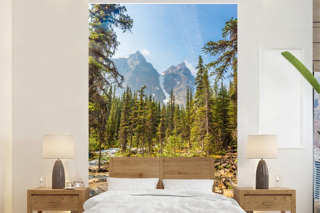 MuchoWow Fototapete für Wohnzimmer oder Schlafzimmer Wandtapete Vinyl Motivtapete Nordamerikanischer Wald am Moraine Lake in Kanada - 160x240 cm...