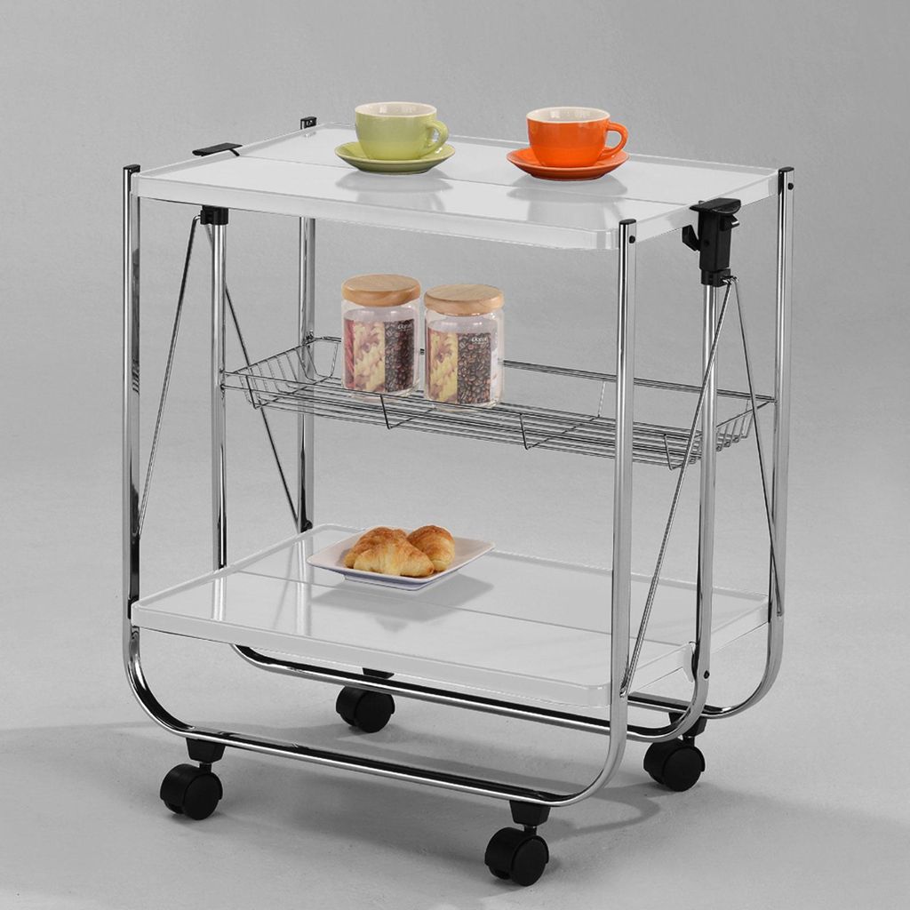 A white and chrome serving trolley with two cups, two jars, and two croissants on it.