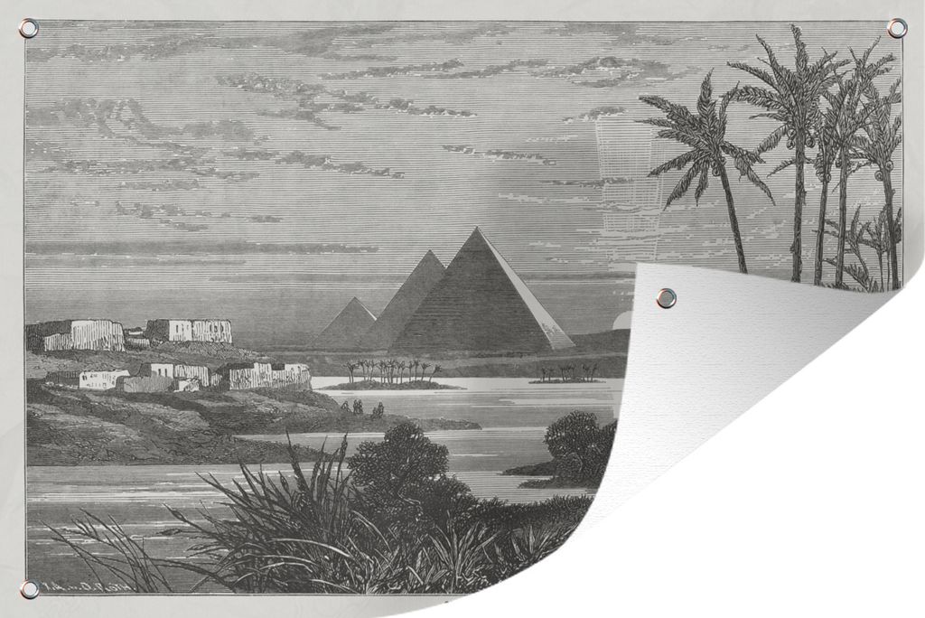 MuchoWow 120x80 cm Outdoor-Poster Gartendeko Sichtschutz Garten Poster für den Garten Schwarz-Weiß-Abbildung einer Überschwemmung in Gizeh in...