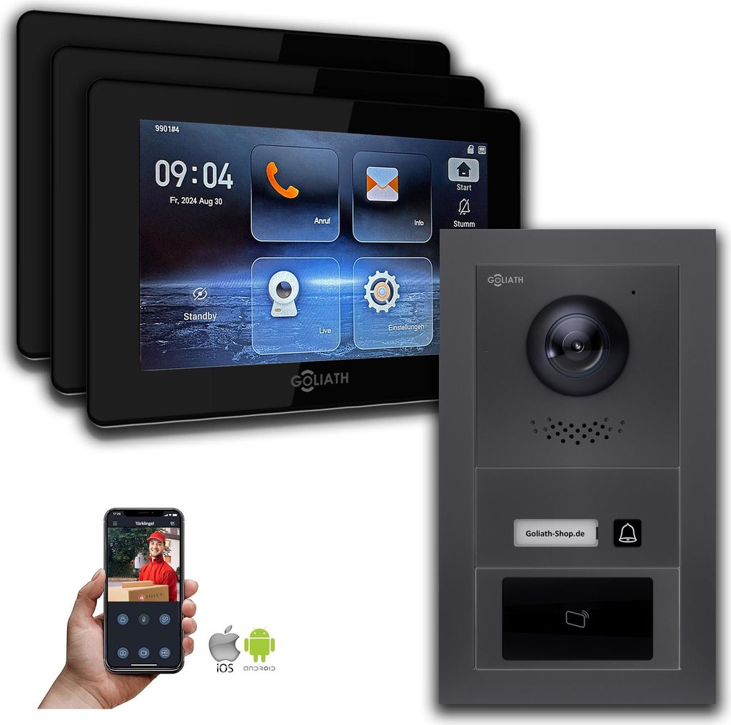 Goliath IP Video Türsprechanlage mit Kamera 7-Zoll RFID Anthrazit : Aufputzdose : 7 Zoll in Schwarz : 3 Monitore Anzahl: 3 Monitore Farbe: 7 Zoll ...