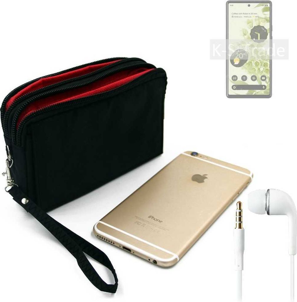 TOP SET kompatibel mit Google Pixel 6 Handy Hülle Gürteltasche schwarz + Kopfhörer Travel Bag Travel-Case mit Diebstahlschutz praktische Schutz