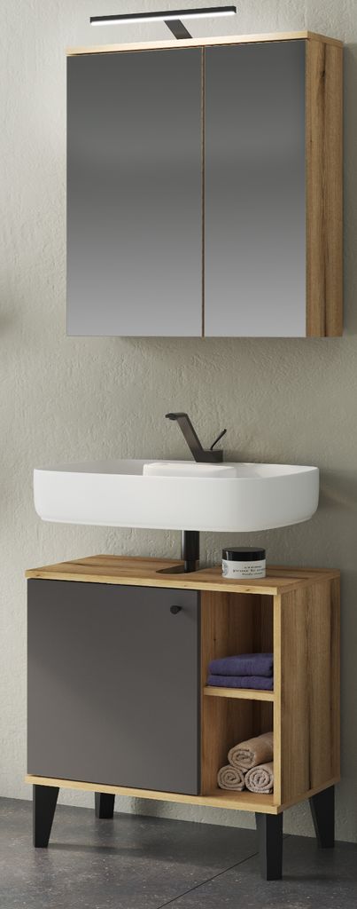Badmöbel-Set Torsby Badezimmer in Eiche und grau , 60 x190 cm, mit 9 Fächern und LED