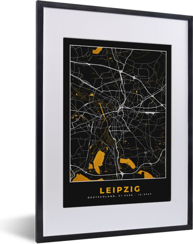 MuchoWow Gerahmtes Poster Leipzig - Gold - Stadtplan - Deutschland - Karte 30x40 cm - Poster mit Schwarzem Bilderrahmen Wandposter Rahmen Foto Bi...