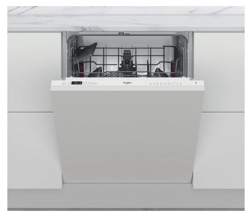 A front view of a white, fully integrated dishwasher with its door open, revealing the interior racks and spray arm. The control panel is visible at the top of the door.