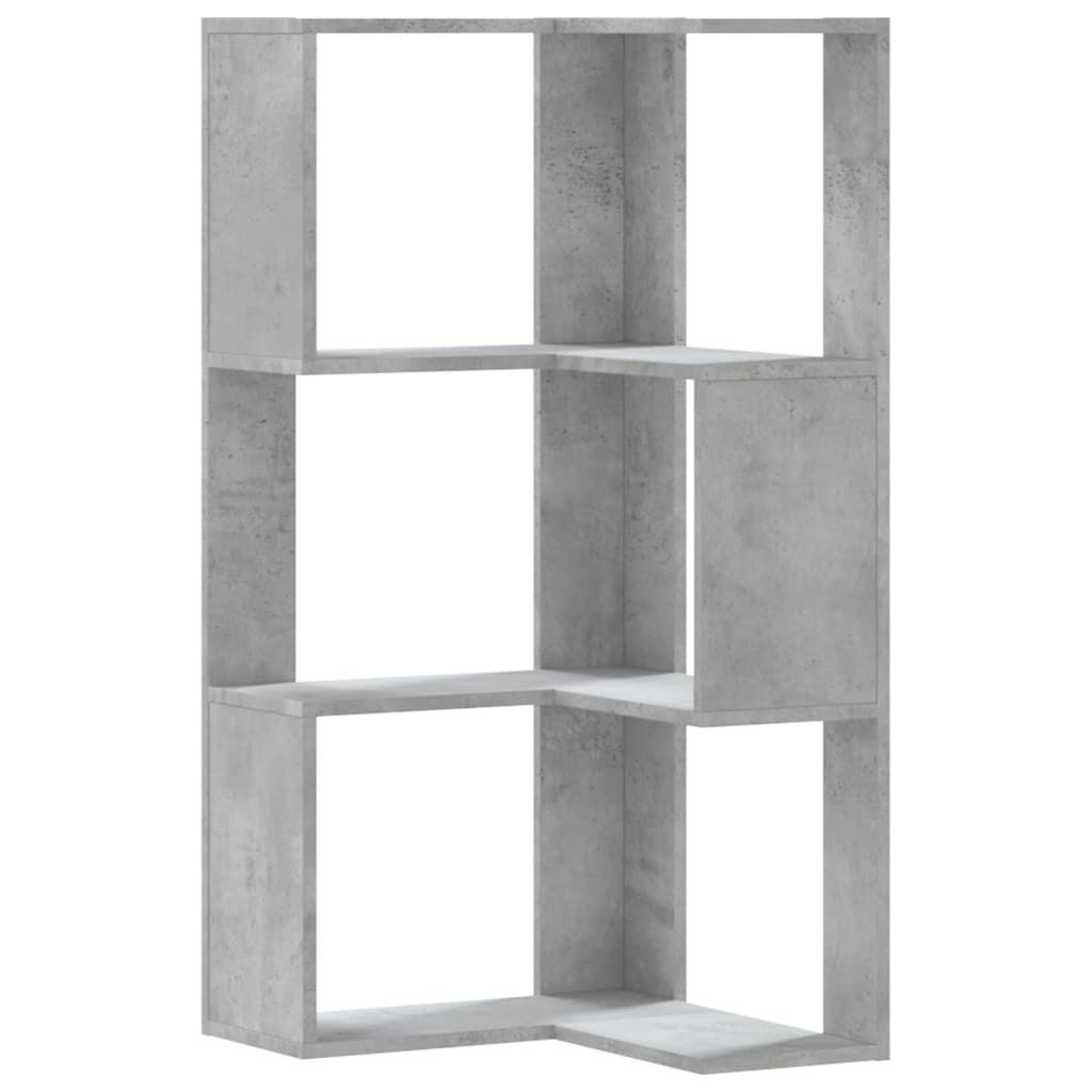 A concrete gray corner bookshelf with three shelves against a white background.