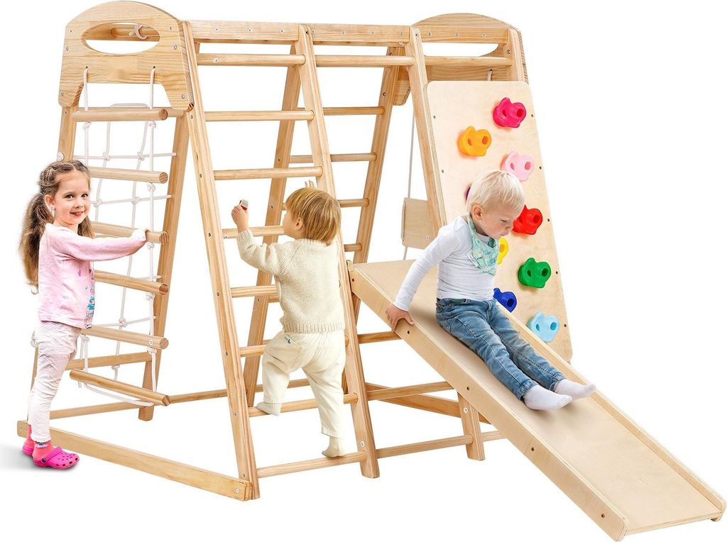 Klettergerüst für Kinder & Kleinkinder - 7-in-1 Indoor-Spielplatz - Holz - 120 x 109 x 121 cm - Rutsche - Schaukel - Kletterwand - Holz- & Strick...