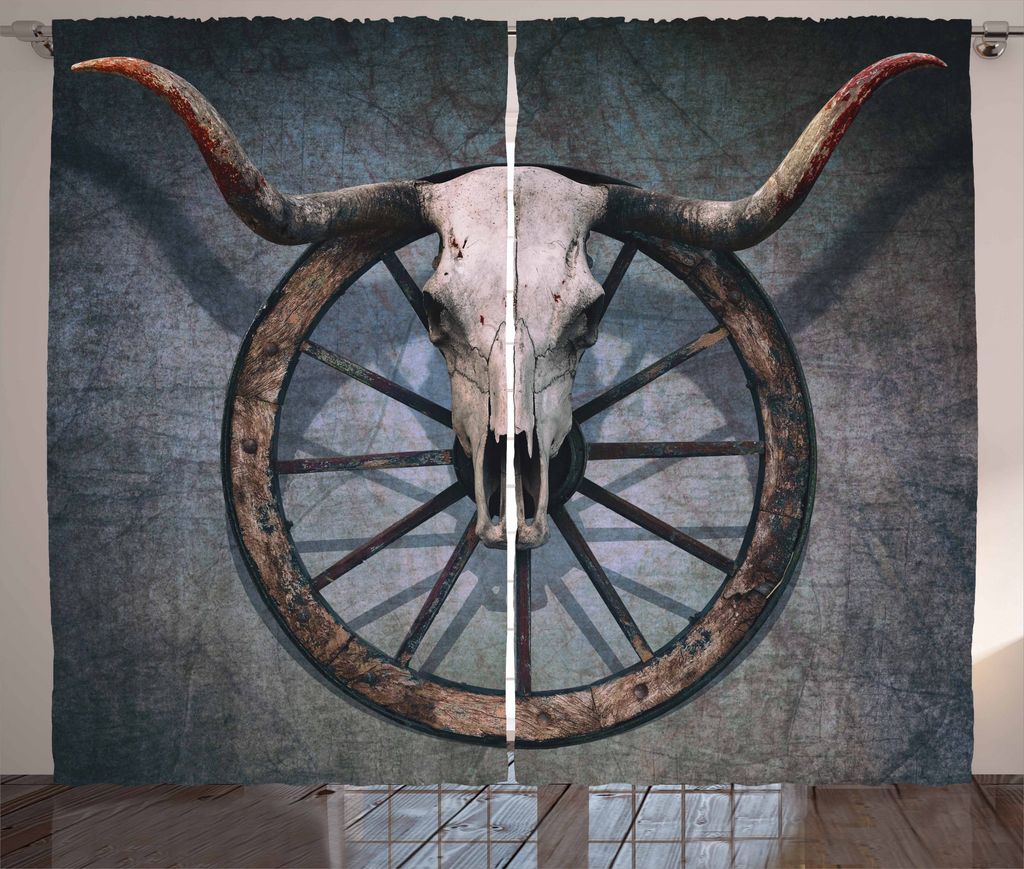 ABAKUHAUS Wagenrad Rustikaler Vorhang, West-Schädel, Wohnzimmer Universalband Gardinen mit Schlaufen und Haken, 280 x 175 cm, Mehrfarbig