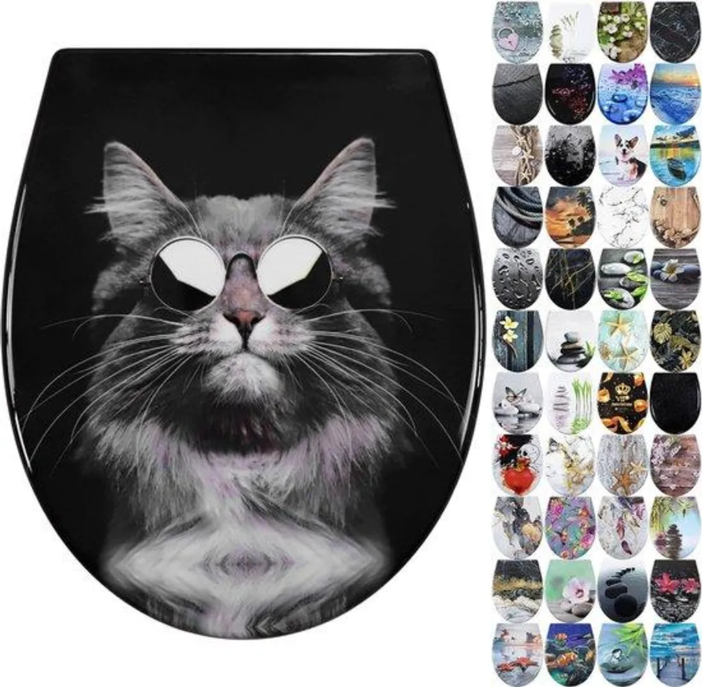 Siège de toilette avec frein de chute et couvercle motif chat rigolo