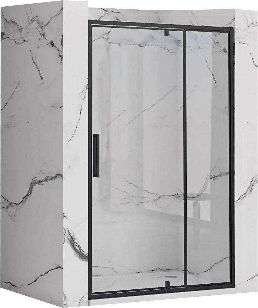 A modern shower enclosure with black framing and clear glass, set against a marble-patterned wall.
