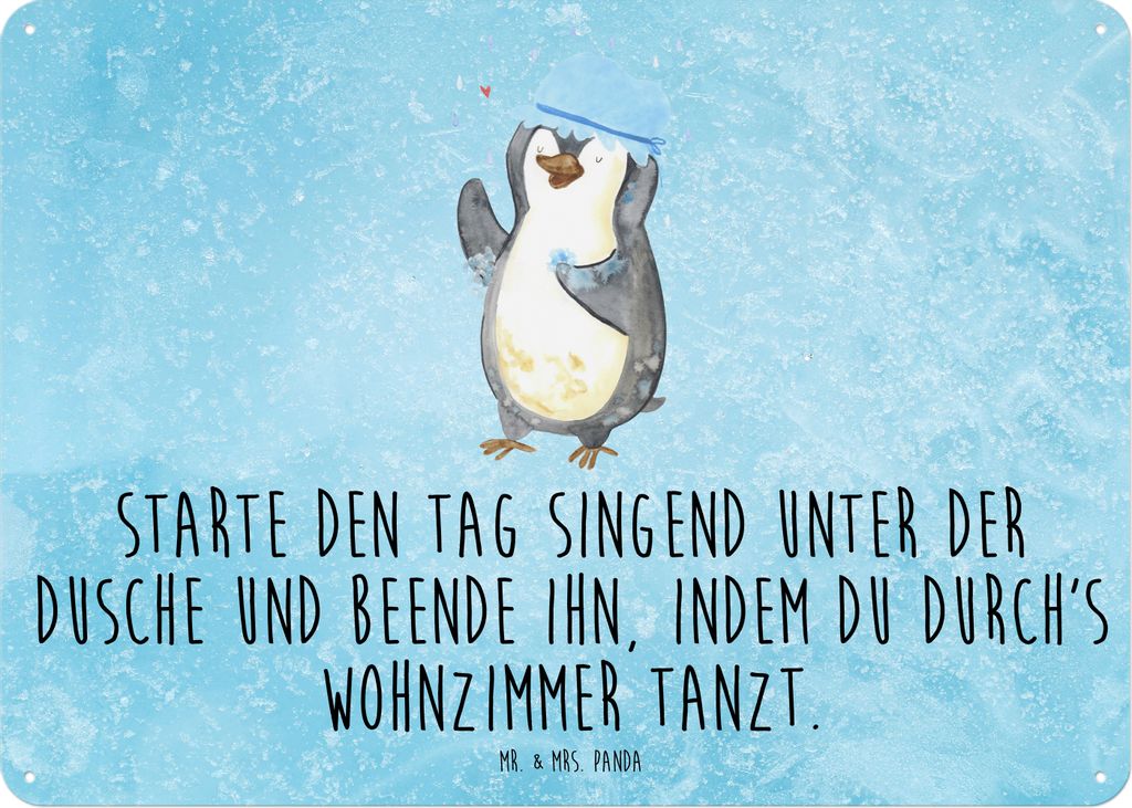 Mr. & Mrs. Panda Schild Pinguin Duschen DIN A5 - Eisblau - Geschenk, Pinguine, Blechschild, tafel, Dusche, Duschkonzert, Retro, Tanzen, Singen, Tü...