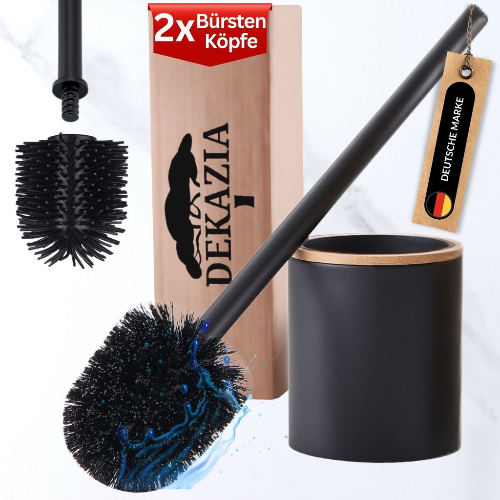 Silikon Toilettenbürste Klobürstenhalter Schwarz Bambus | WC Reinigungsbürste in Edelstahl mit 2 Aufsätzen | WC Garnitur Holzoptik Schwarz | Kl...