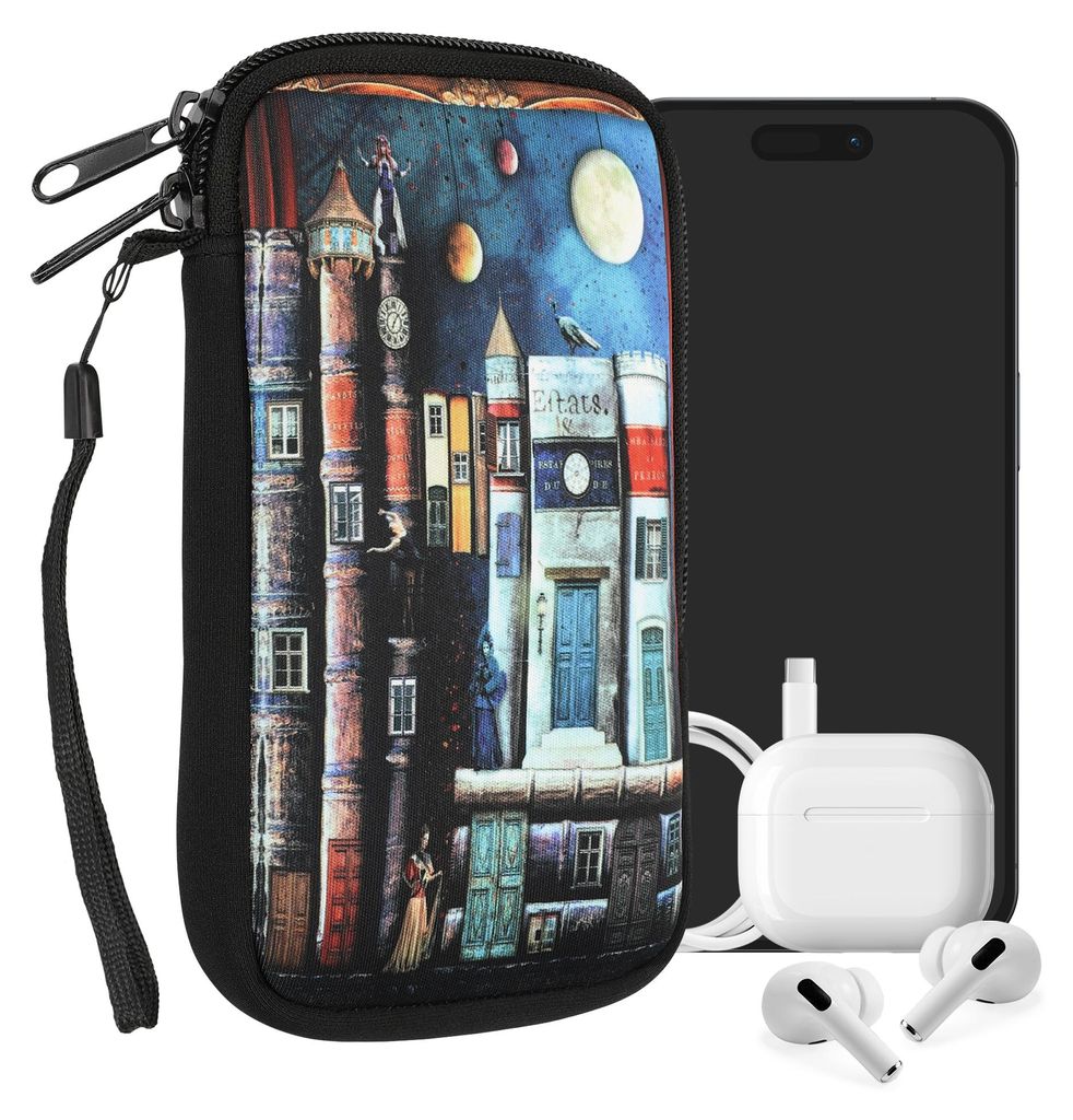kwmobile Handytasche für Smartphones L - 6,5" - Neopren Handy Tasche Hülle Cover Case Schutzhülle - Buch Stadt Mehrfarbig - 16,5 x 8,9 cm Innenm...