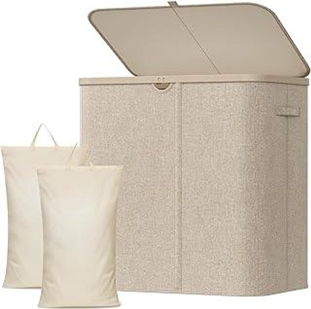 Lifewit Wäschekorb 145L mit Deckel, Großer Wäschesammler aus Kunststoff, Fächer Wäschebox Laundry Basket für Bad, Schlafzimmer, Waschraum, Beige