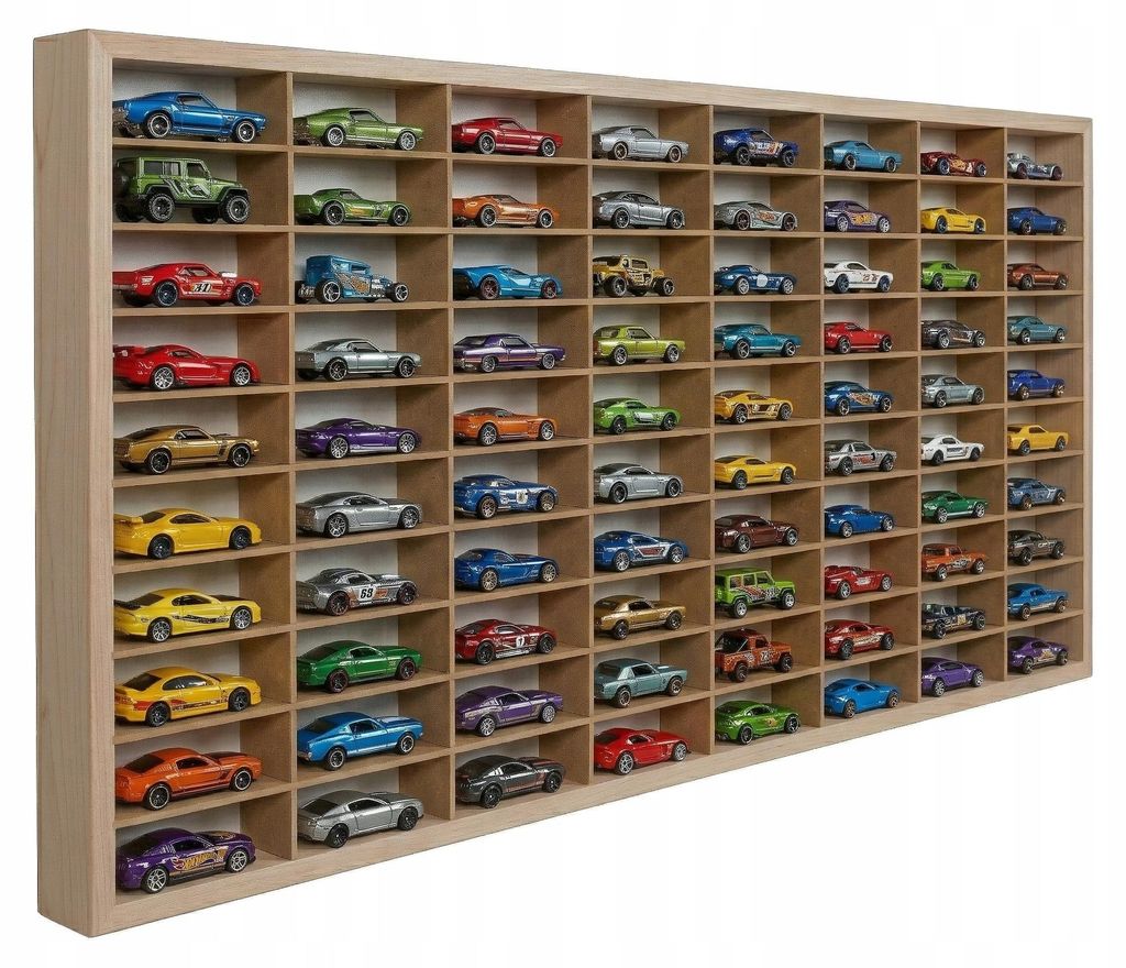 Modellauto-Regal für 80 Autos 1:64 – Wandregal & Setzkasten für Spielzeugautos, HDF-Trennwände – mit Modellautos an der Wand