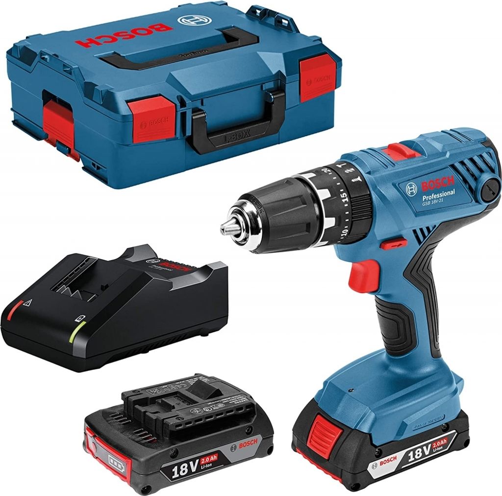 A Bosch cordless hammer drill set including the drill, two batteries, a charger, and a blue storage case, laid out on a white background.