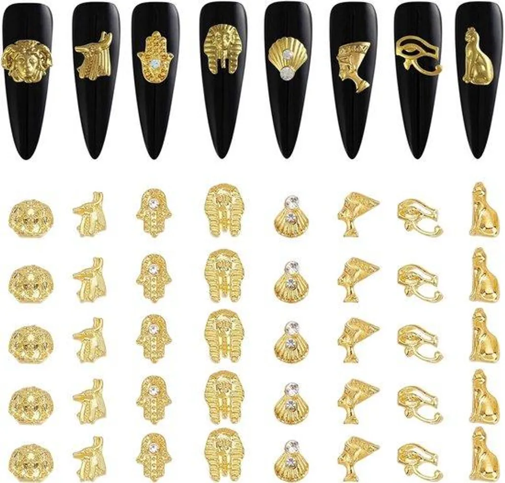 Bijoux d'ongles 3D dorés thématiques Égypte, pack de 40 accessoires